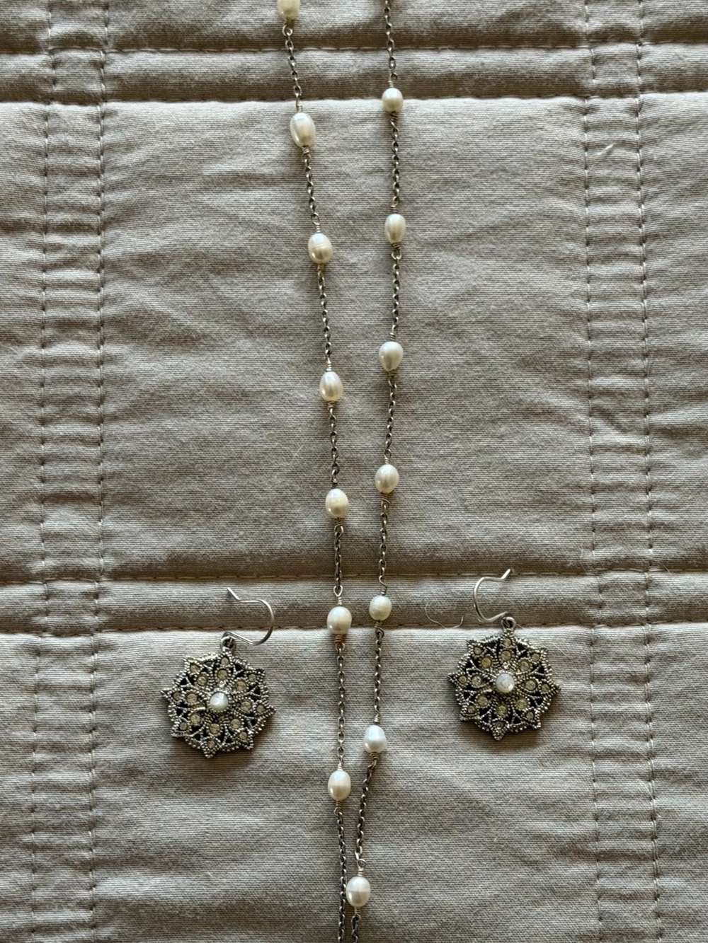 Sterling Silver Pearl Necklace and Filigree Pearl Drop Earrings Set
